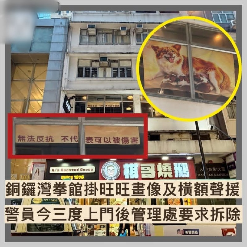 7月23日，香港铜锣湾一间泰式拳馆因悬挂声援广东揭阳“旺旺”虐狗案的横额，一日内引来警员三度上门要求拆除