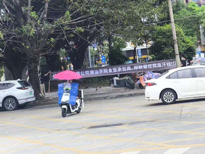 近日，广东省揭阳市普宁市池尾街道大学路1号，佳裕有限公司潮汕学院食堂承包商郑映菊被指拖欠员工工资