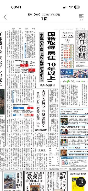 朝日新闻社进行了全国舆论调查（电话），高市早苗内阁支持率为68%12月20日和21日，朝日新闻社进行了全国舆论调查（电话）