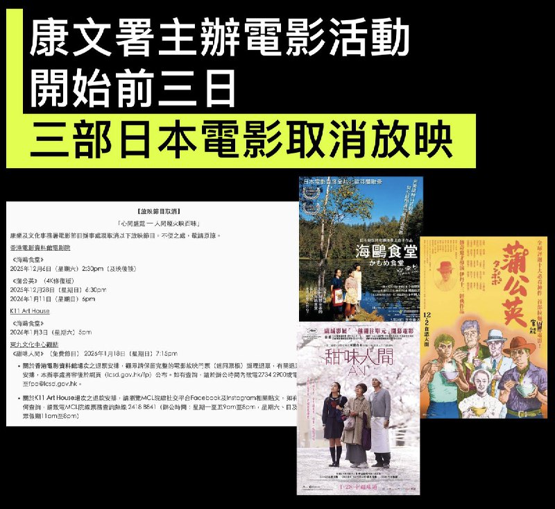 香港康文署主办美食电影放映在开始前三日取消 3 部日本电影放映康文署电影节目办事处主办的“心间盛宴 — 人间烟火映百味”放映活动，12 月 6 日星期六开始，但在活动前三日，办事处宣布三部日本电影《海鸥食堂》、《蒲公英（4K修复版）》和《甜味人间》取消放映