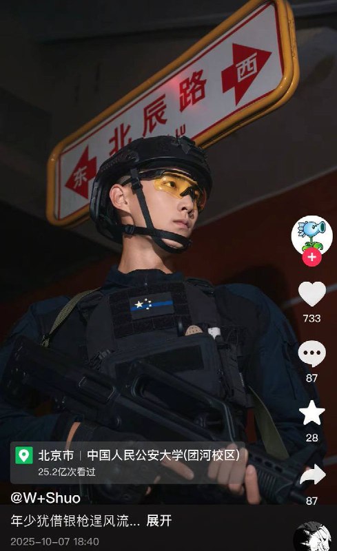 网友投稿：一位来自中国人民公安大学的学生发布的抖音图片，图片中该学生身着特警服饰，身上挂着各种警用装备，但胸前佩戴的国旗却格外引人注意，原本国旗样式应为红底+五颗黄色的五角星，而这位学生胸前佩戴的国旗样式却是黑底蓝色横线+五颗淡黄色的五角星，这一做法耐人寻味，该行为不仅严重违反《国旗法》甚至对国家对共党都有暗讽的滋味