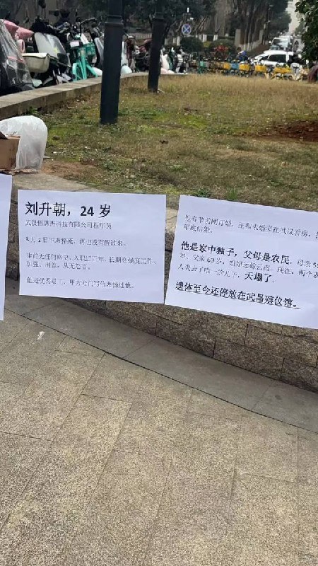 据悉，这位武汉佰思杰科技有限公司，24岁就猝死的程序员 叫 刘升朝，家属们在公司门前下跪拉横幅维权