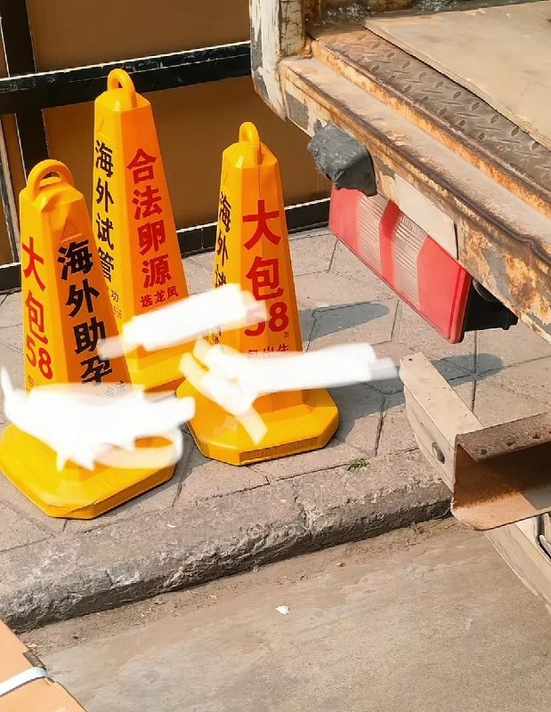 近日，河南郑州多个老旧小区一夜之间出现大量印有代孕宣传内容的黄色路锥
