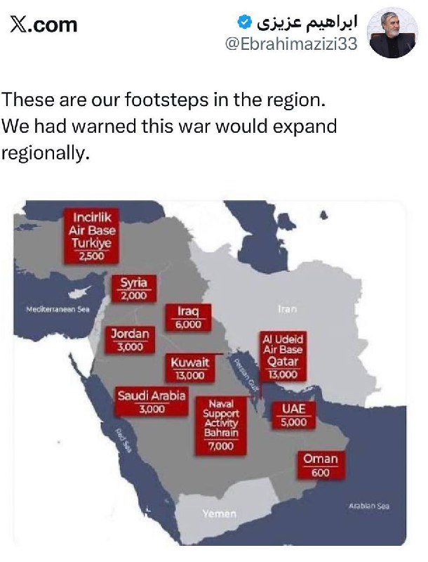 刚刚，伊朗议会国家安全委员会主席易卜拉欣·阿齐兹公布了该地区美军基地的地图：“我们曾警告过，这场战争将会蔓延到该地区