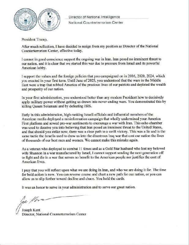 刚刚，美国国家反恐中心主乔·肯特公开宣布辞职他表示，自己无法昧着良心支持这场正在进行的伊朗战争