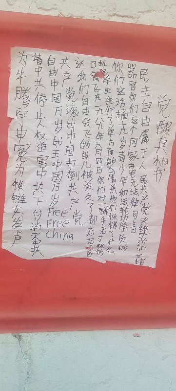 网友投稿：河南省驻马店市遂平县，街头出现“消灭共产党打倒习猪头，归还言论自由，停止网络封锁的”宣传标语和“觉醒真相书”大字报