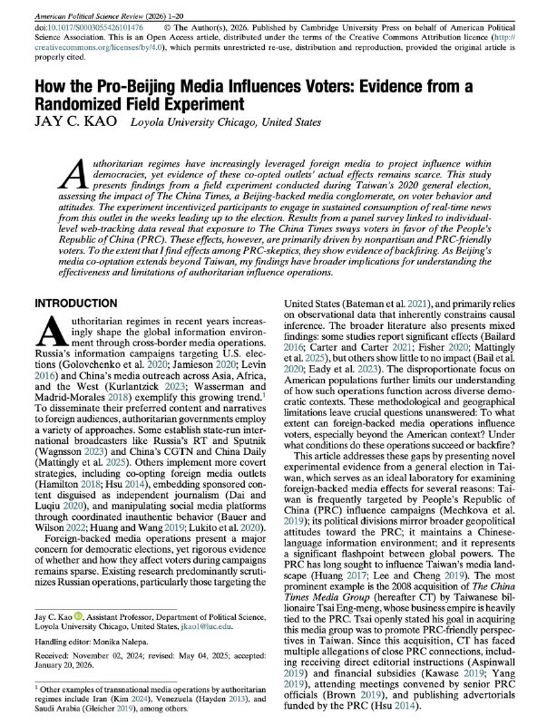 「亲北京媒体」确实影响台湾部分选民投票倾向一项发表于《美国政治学评论》（American Political Science Review）的最新研究指出，北京支持的台湾媒体在2020年台湾总统选举期间，确实对部分选民的政治态度和投票选择产生了影响
