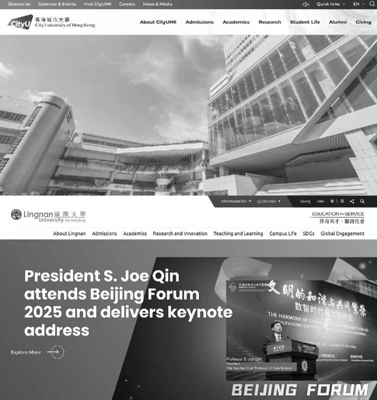 11月27日，香港大学、港中文大学、香港城市大学、香港理工大学、岭南大学、浸会大学、教育大学等多所高校，为悼念香港火灾中的遇难者，将官网页面统一调为黑白以示哀悼