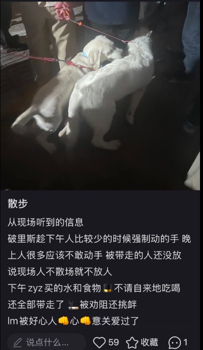 有网友称，在重庆抗议现场，有人劝大家散开，表示警方称“只有大家散了，被抓的才能放出来”，否则可能会给被抓的十几名志愿者安上“聚众闹事”“寻衅滋事”等罪名