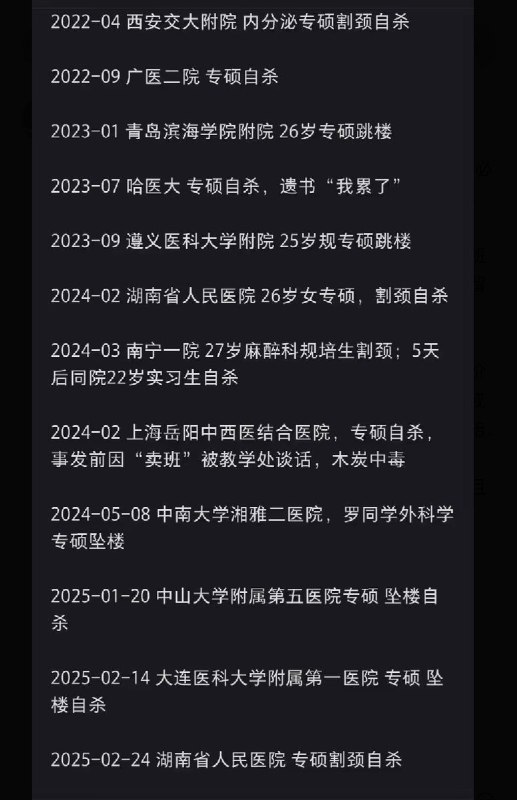 3月17日，有网友总结了近几年专硕临床医学生因压力而自杀或者坠楼的案例查看原文📝 引用推文:近日，网传再有一名湘雅医院的规培生因不堪压力而自杀