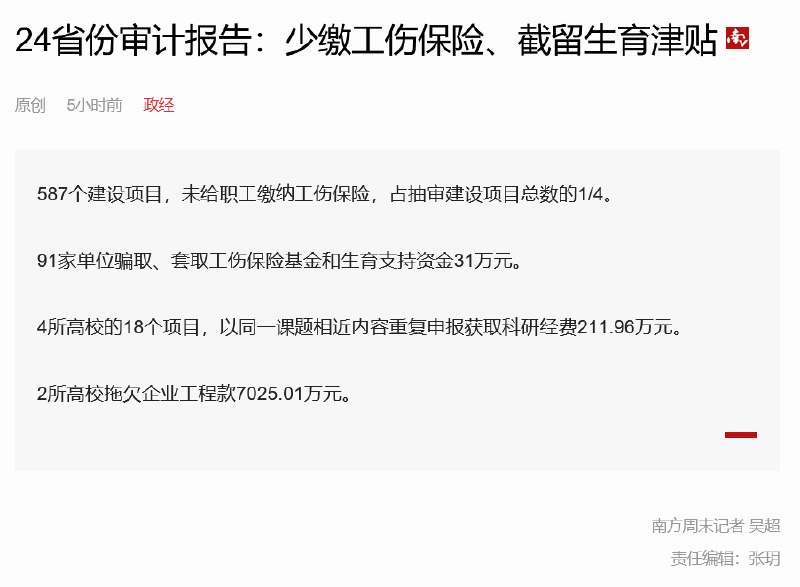 10月11日，据《南方周末》披露的24省份审计报告，587个建设项目，未给职工缴纳工伤保险，占抽审建设项目总数的1/4
