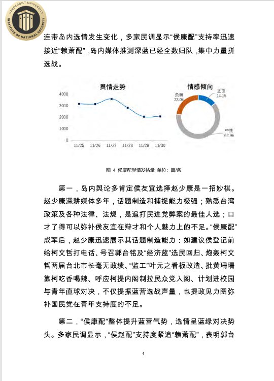 中科天玑内部人员泄露的“2023年台湾地区网络舆情周报”查看原文📝 引用推文:中科天玑外泄文件曝涉台数据体系：建构赖清德、蔡英文等“政要图谱”疑似掌握台湾2300万户籍资料近日，美国范德比尔特大学国家安全研究所公布了一份中国企业“中科天玑的内部文件