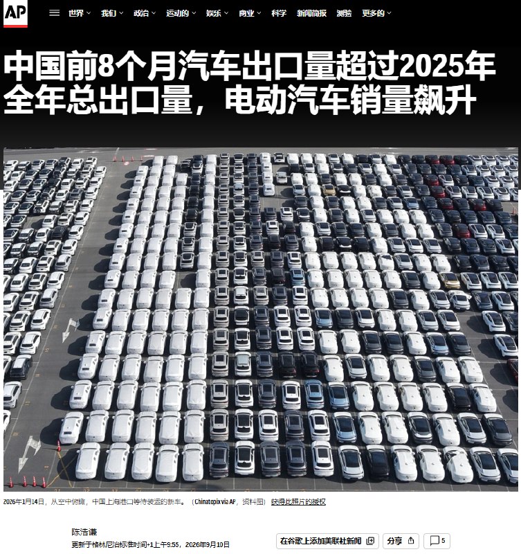 9月10日，据美联社报道，中国今年前8个月汽车出口量超过2025年总出口量，尤其电动汽车销量飙升