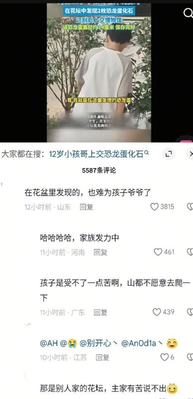 河源官媒宣传少年花坛捡恐龙蛋，网友讽刺：“少爷举孝廉”10月4日，河源广播电视台发布视频，称12岁少年陈梓熙在家附近花坛发现两枚恐龙蛋化石并上交博物馆，赞其“懂知识、守法规”