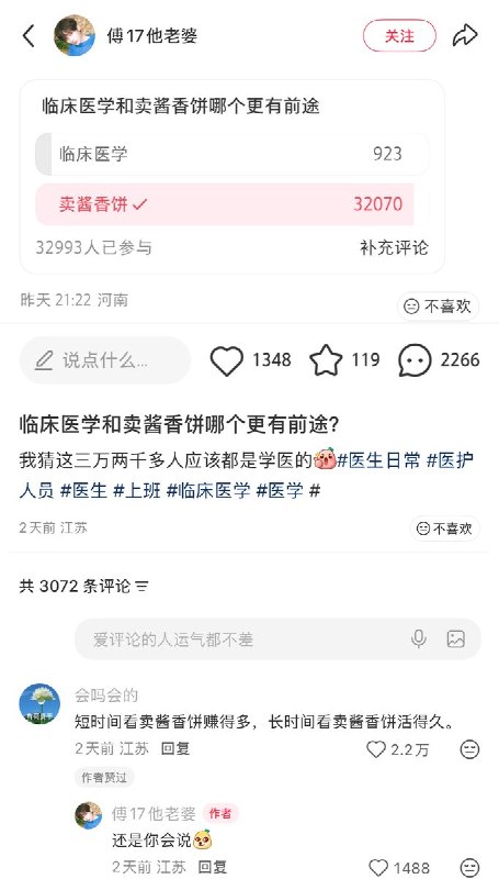 4月2日，有网友在小红书上发起投票：“临床医学和卖酱香饼哪个更有前途”投票结果显示，32993人参与投票，其中32070人认为卖酱香饼更有前途；仅有923人认为临床医学更有前途