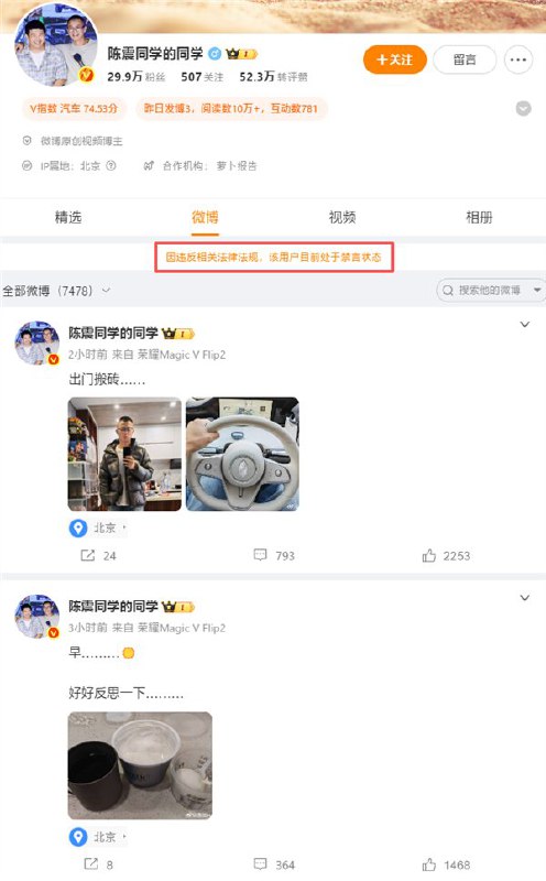 12月5日，知名车评人陈震的微博、抖音、小红书、B站主号被全网禁言，其用“陈震同学的同学”小号发文“好好反思一下……”后，该号亦被封，微博提示“因违反相关法律法规，该用户目前处于禁言状态”