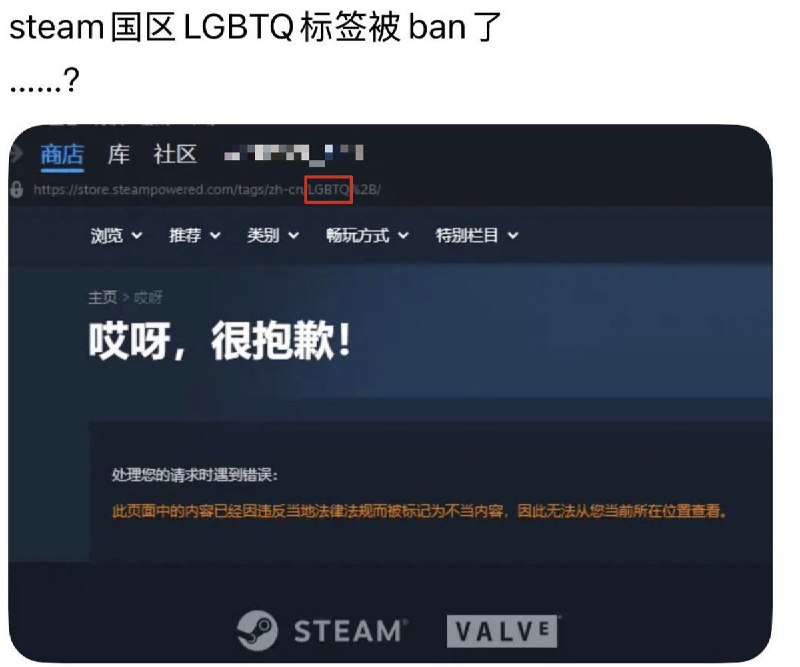 6月24日，有网友发现，steam国区用户 已经无法在客户端 打开LGBTQ+标签页根据页面提示，相关内容因“违反当地法律法规而被标记为不当内容”