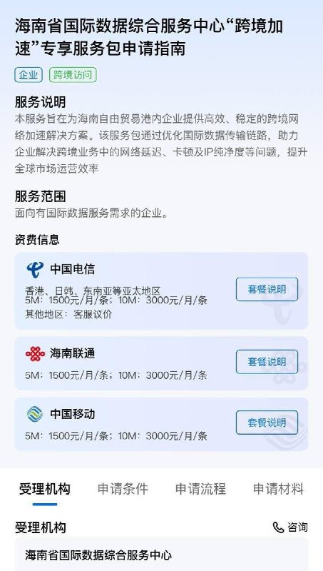 12月22日，有网友晒出海南封关后，网络上流传“翻墙专线申请”价格表，价格表显示三大运营商报价一致，5M 带宽每条每月1500元，10M 带宽每条每月3000元