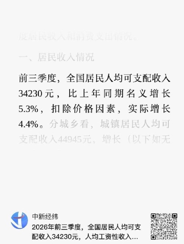 10月19日，国家统计局公布2026年前三季度居民收入和消费支出情况