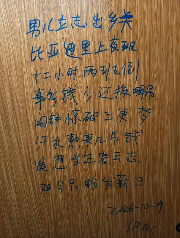 比亚迪部分工厂基层员工在卫生间题写打油诗，对高强度排班、薪资待遇及基层管理的表达不满