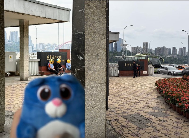 胖猫跳江事件两周年，不少游客在五一期间带着麦当劳来到重庆长江大桥打卡留恋，发现桥上有多名警察和保安值守，并驱离在现场拍照的游客