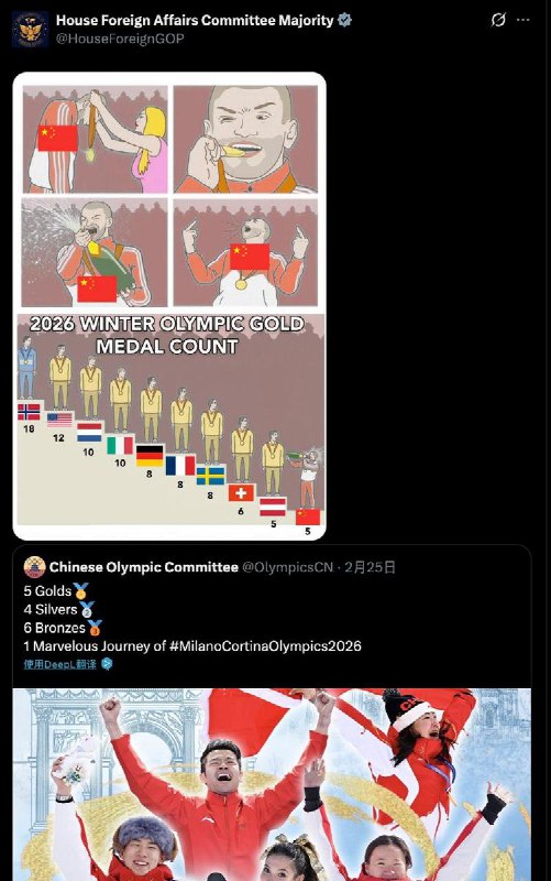 2月27日，美国众议院外交事务委员会账号公开嘲讽中国奥委会
