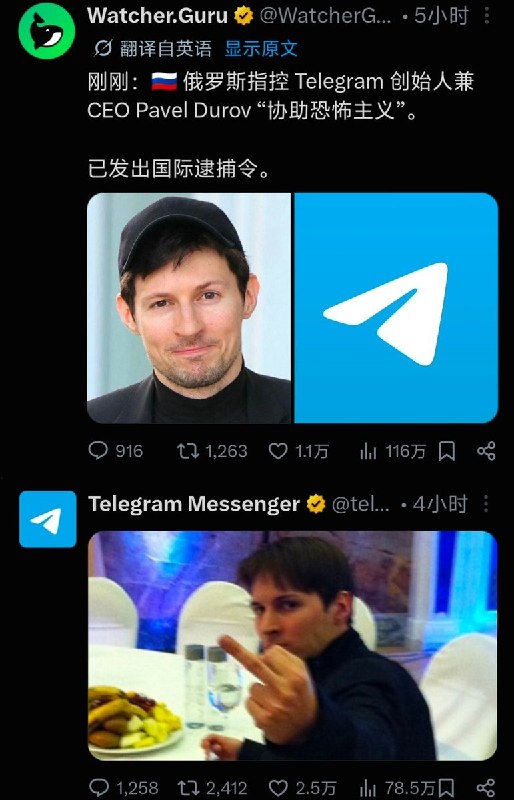 Telegram创始人遭俄罗斯通缉后竖中指回应7月29日，俄罗斯联邦安全局宣布，以“协助恐怖活动”罪名正式起诉Telegram创始人帕维尔·杜罗夫，并将其列入国际通缉名单