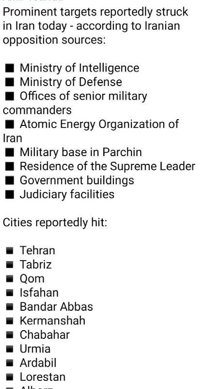 最新消息：据伊朗反对派消息人士透露，今日伊朗境内遭到袭击的重要目标包括：◾ 情报部◾ 国防部◾ 高级军事指挥官办公室◾ 伊朗原子能组织◾ 帕尔钦军事基地◾ 最高领袖官邸◾ 政府大楼◾ 司法机构据报道，遭到袭击的城市包括：▪ 德黑兰▪ 大不里士▪ 库姆▪ 伊斯法罕▪ 阿巴斯港▪ 克尔曼沙赫▪ 恰巴哈尔▪ 乌尔米耶▪ 阿尔达比勒▪ 洛雷斯坦▪ 阿尔博兹▪ 霍拉马巴德▪ 马哈巴德如果消息属实，这并非象征性的打击