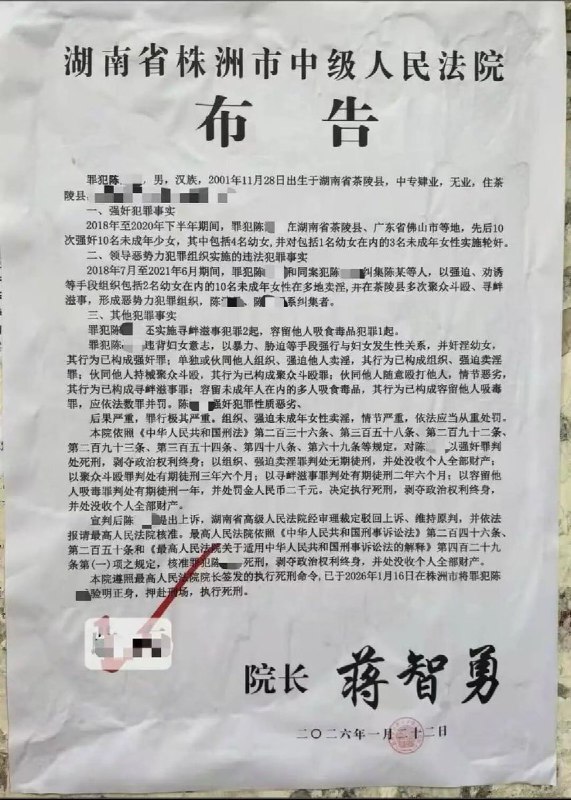 近日，湖南籍陈某某强奸10名未成年少女，含4名幼女，被执行死刑