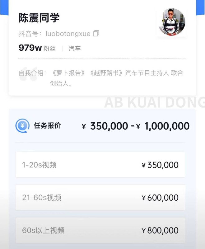 根据抖音星图最新报价，陈震账号单条短视频广告价高达35万-100万元，其中：1-20秒：35万元21-60秒：60万元60秒以上：80万元起而据央视披露，陈震此次因偷税漏税被封禁，少缴税款仅118.67万元，相当于他随手拍两条60秒以内广告的收入