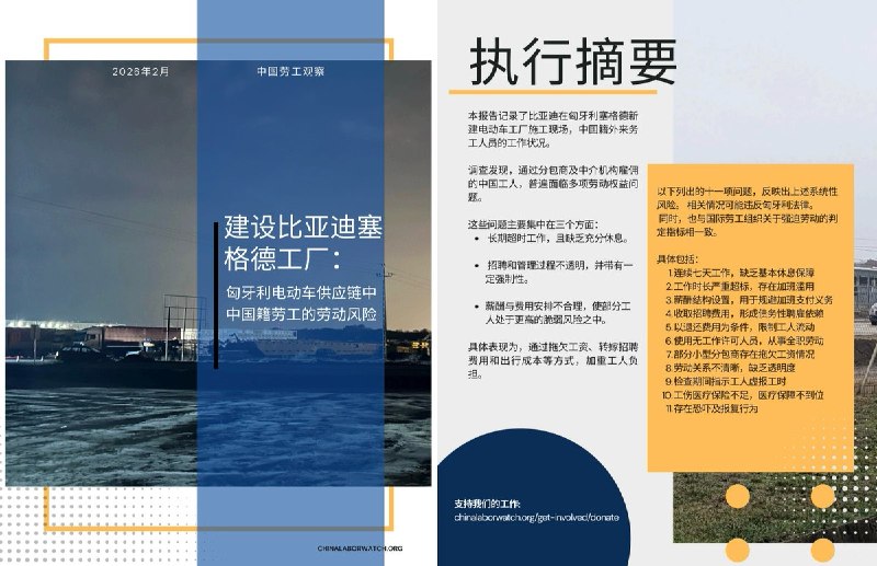 近日，“中国劳工观察”发布报告《建设比亚迪塞格德工⼚：匈牙利电动车供应链中中国籍劳工的劳动⻛险》报告记录了比亚迪在匈⽛利塞格德新建电动⻋⼯⼚施⼯现场，中国籍外来务⼯⼈员的⼯作状况