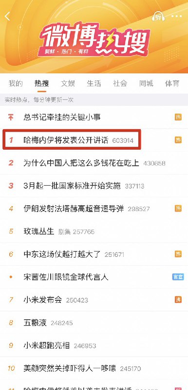 川普已确认了哈梅内伊的死讯而此时此刻，微博热搜第一仍然是“哈梅内伊将发表公开讲话”查看原文📝 引用推文:突发！特朗普在truth social上 确认了哈梅内伊的死讯查看引用原文