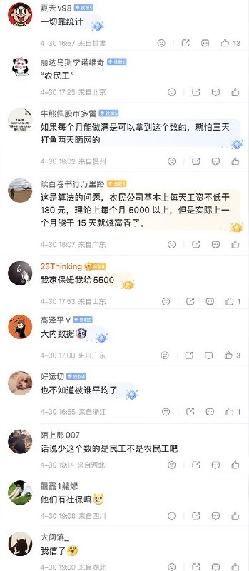 4月30日，据国家统计局发布的报告：农民工月均收入5075元，比上年增加114元，增长2.3%