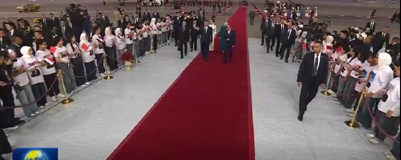 习近平访埃，机场青少年身穿习近平肖像T恤列队欢迎9月1日晚，习近平与彭丽媛抵达开罗国际机场，埃及总统塞西夫妇到场迎接