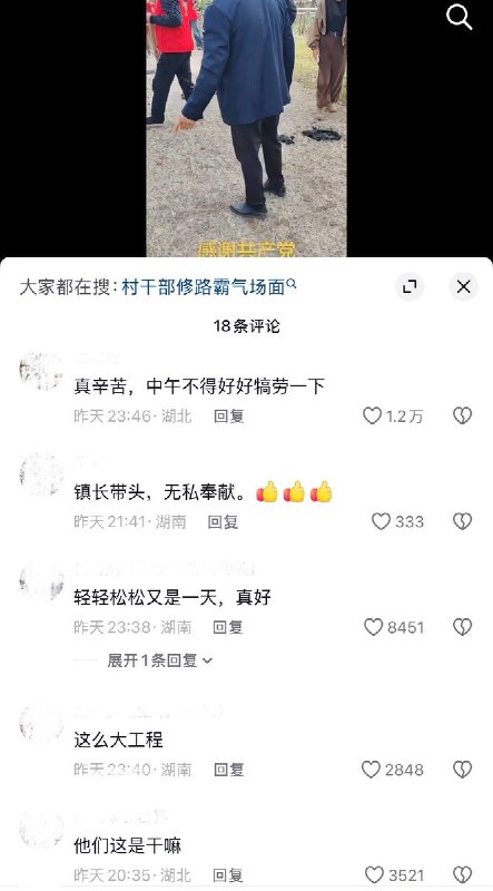 10月24日，湖南网友拍到，有地方基层干部及志愿者身穿红马甲，手持铁铲在村里小路上用沥青填补路面坑洼，现场并有红旗与拍照录像人员