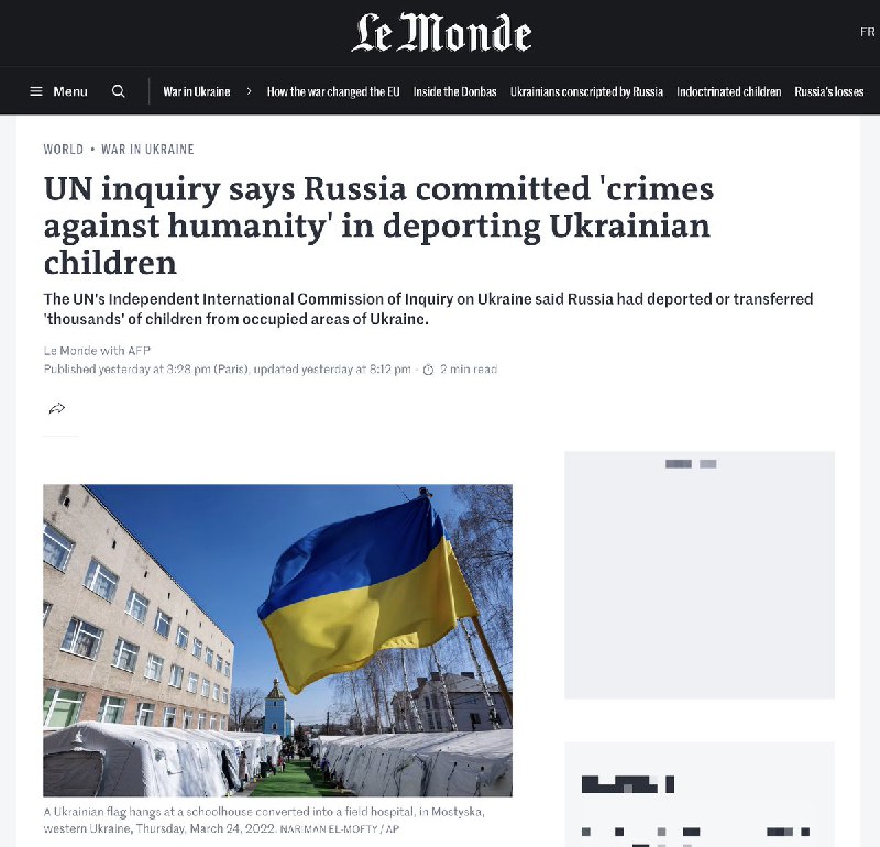 3月10日，多家外媒报道，联合国委员会已正式认定俄罗斯驱逐乌克兰儿童的行为构成危害人类罪