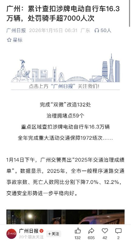 1月15日，广州日报报道，广州累计查扣涉牌电动自行车16.3万辆，处罚骑手超7000人次查看原文