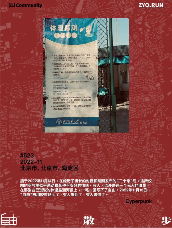 #自由散步摄于2022年11月14日，在经历了漫长的封控和刚刚发布的“二十条”后，这所校园的空气里似乎涌动着某种不安分的情绪