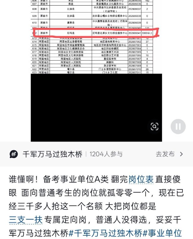 7月11日，网友发现，西藏尼玛县达果乡文化综合服务中心的岗位已过审3000人以上，但却仅招录1人