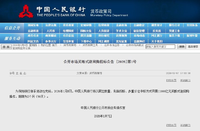 1月7日，中国人民银行宣布将开展11000亿元（约1.1万亿元）买断式逆回购操作，操作期限为3个月（90天），采用固定数量、利率招标、多重价位中标方式进行