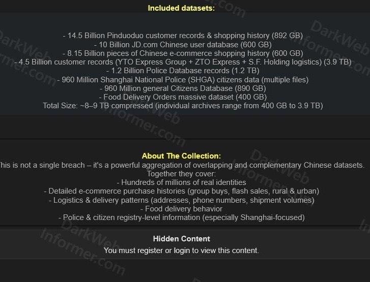 网友投稿：暗网上公开出售中国泄漏数据库，超过500亿条信息，涵盖人口数据库，快递数据库和电商购物数据库等