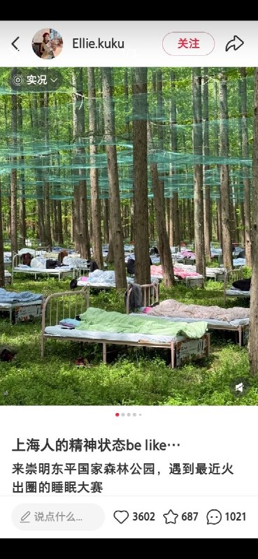 “躺赢”从3月21日到4月26日，上海的东平森林公园每周六都会举办一场“睡眠挑战赛”，整整七个小时没有电子产品，露着脚底板、在大自然里睡大觉查看原文“躺赢”从3月21日到4月26日，上海的东平森林公园每周六都会举办一场“睡眠挑战赛”，整整七个小时没有电子产品，露着脚底板、在大自然里睡大觉查看原文