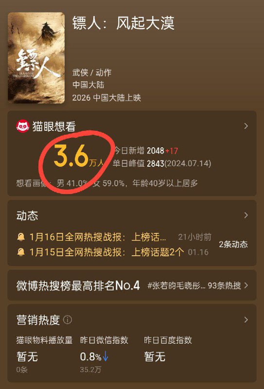 由吴京主演的电影《镖人：风起大漠》计划于2026年春节档上映