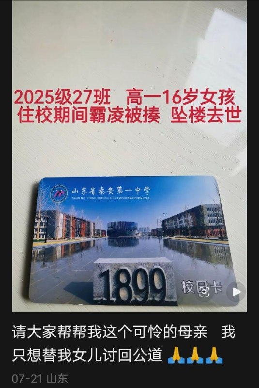 网友投稿：山东省泰安市第一中学高中2025级的一名学生在校遭受严重欺凌后自杀身亡，家属至今维权无门，凶手一直逍遥法外，受害者家属在网上发声还被老师威协删除