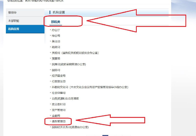 近日，中国财政部官网“机构设置”栏目更新信息，财政部债务管理司已列入“部机关”列表
