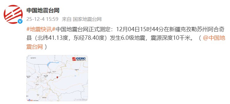 刚刚，据中国地震台网消息，12月4日15时44分在新疆克孜勒苏州阿合奇县北纬41.13度，东经78.40度）发生6.0级地震震源深度10千米查看原文