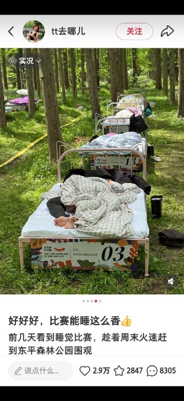 “躺赢”从3月21日到4月26日，上海的东平森林公园每周六都会举办一场“睡眠挑战赛”，整整七个小时没有电子产品，露着脚底板、在大自然里睡大觉查看原文“躺赢”从3月21日到4月26日，上海的东平森林公园每周六都会举办一场“睡眠挑战赛”，整整七个小时没有电子产品，露着脚底板、在大自然里睡大觉查看原文