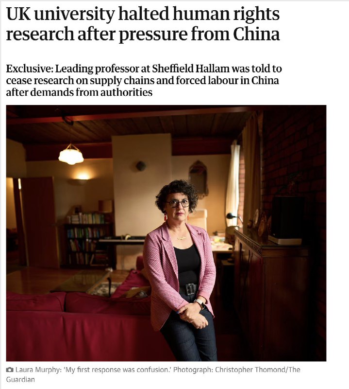 《卫报》：英国谢菲尔德哈勒姆大学被曝暂停中国人权研究，疑受北京施压11月3日，《卫报》报道，英国谢菲尔德哈勒姆大学曾在北京方面的压力下暂停了一项关于中国人权与强迫劳动的研究，导致该校一项重要的人权项目被迫中止