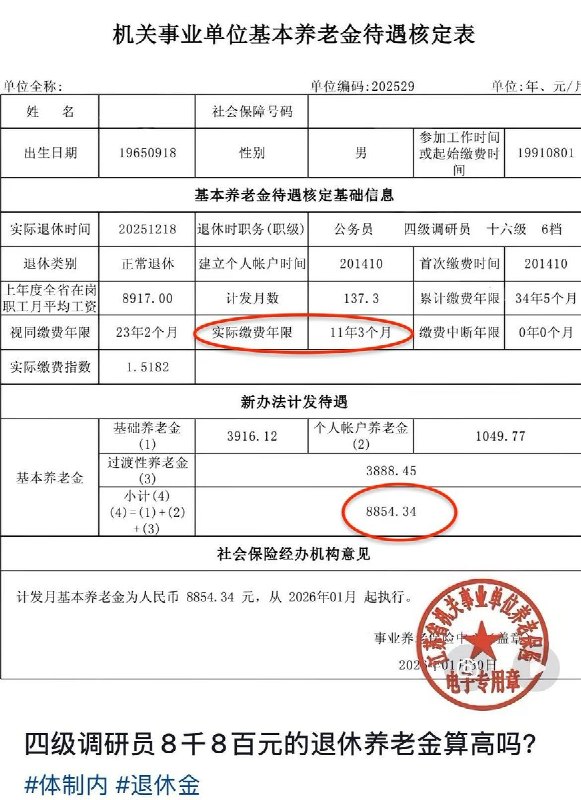 养老金的巨大不公：实际缴费年限并不能决定养老金收入近日，社保话题持续被热议，对比网友分享的体制内外养老金核算表，体制内员工实际缴费年限远低于企业员工的实际缴费年限，但是养老金实际领取的金额却远远大于企业职工，甚至是好几倍