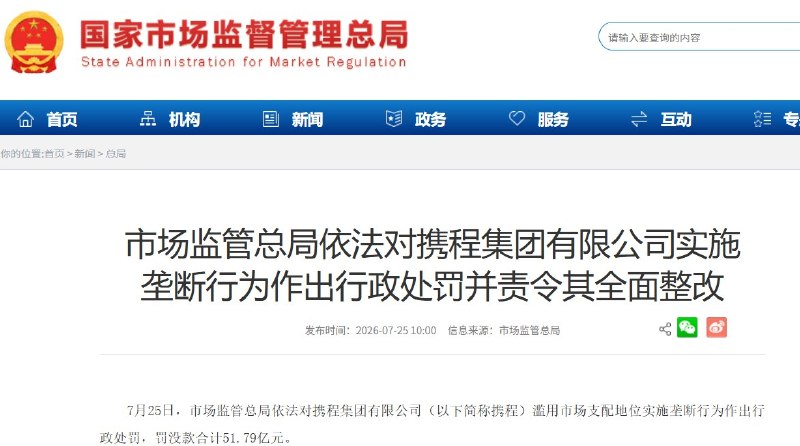 携程垄断六年后被罚7月25日，中国国家市场监管总局通报，携程因滥用在线酒店预订市场支配地位，被没收违法所得16.58亿元、罚款35.21亿元，罚没合计51.79亿元，另须退还强制扣除酒店经营者的1.22亿元订单储备金